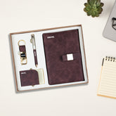Personalized 4-in-1 Executive Gift Set | Custom Name Diary, Pen, Card Holder & Keychain | Textured Brown/Maroon Corporate Gift by Diraprints