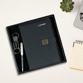 Elite 3-in-1 Corporate Gift Set | Personalized Black Diary, Gold Pen & Keychain Combo | Luxury Executive Branding by Diraprints