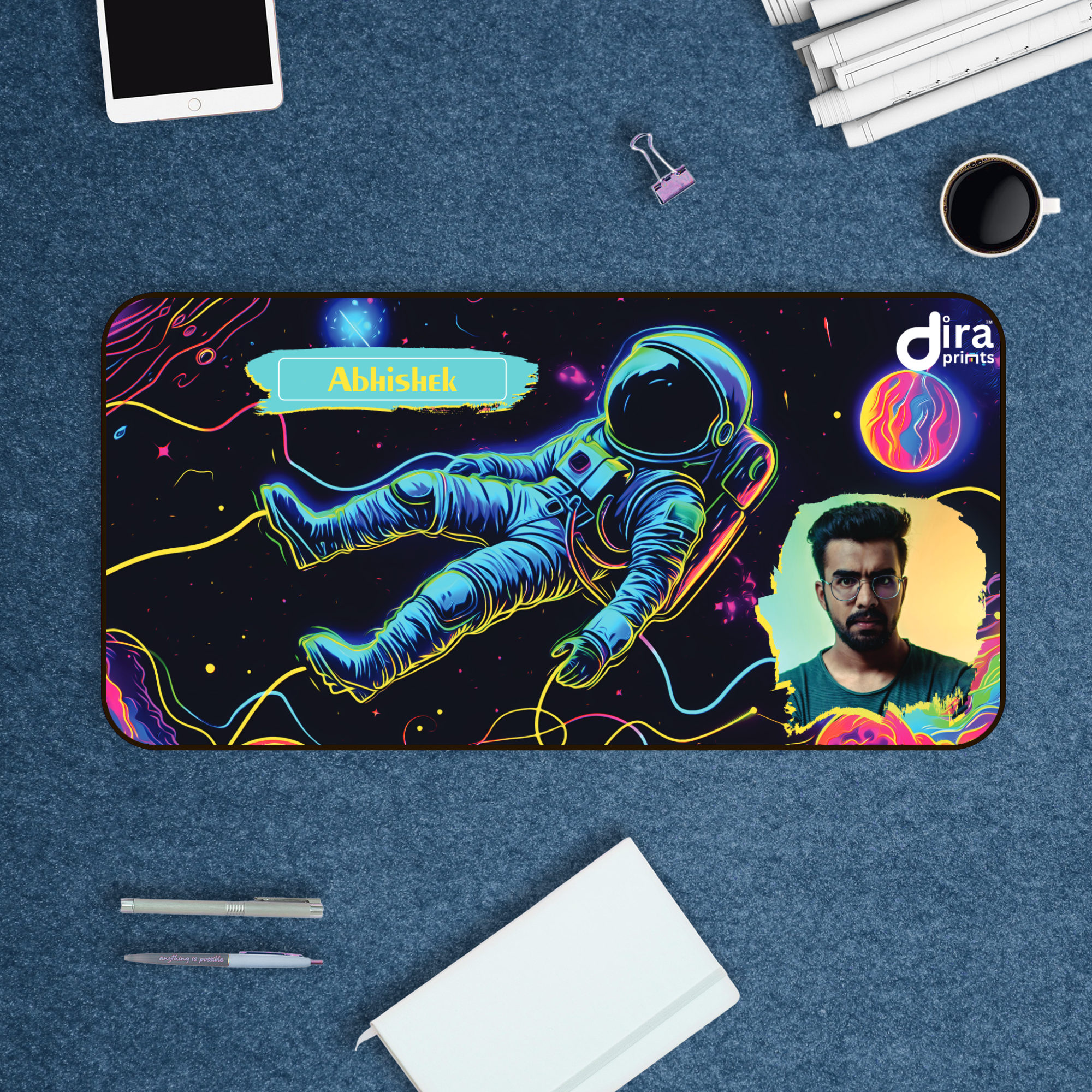 Personalized Neon Astronaut Desk Mat | Custom Photo Sci-Fi Space Desk Mat by Diraprints
