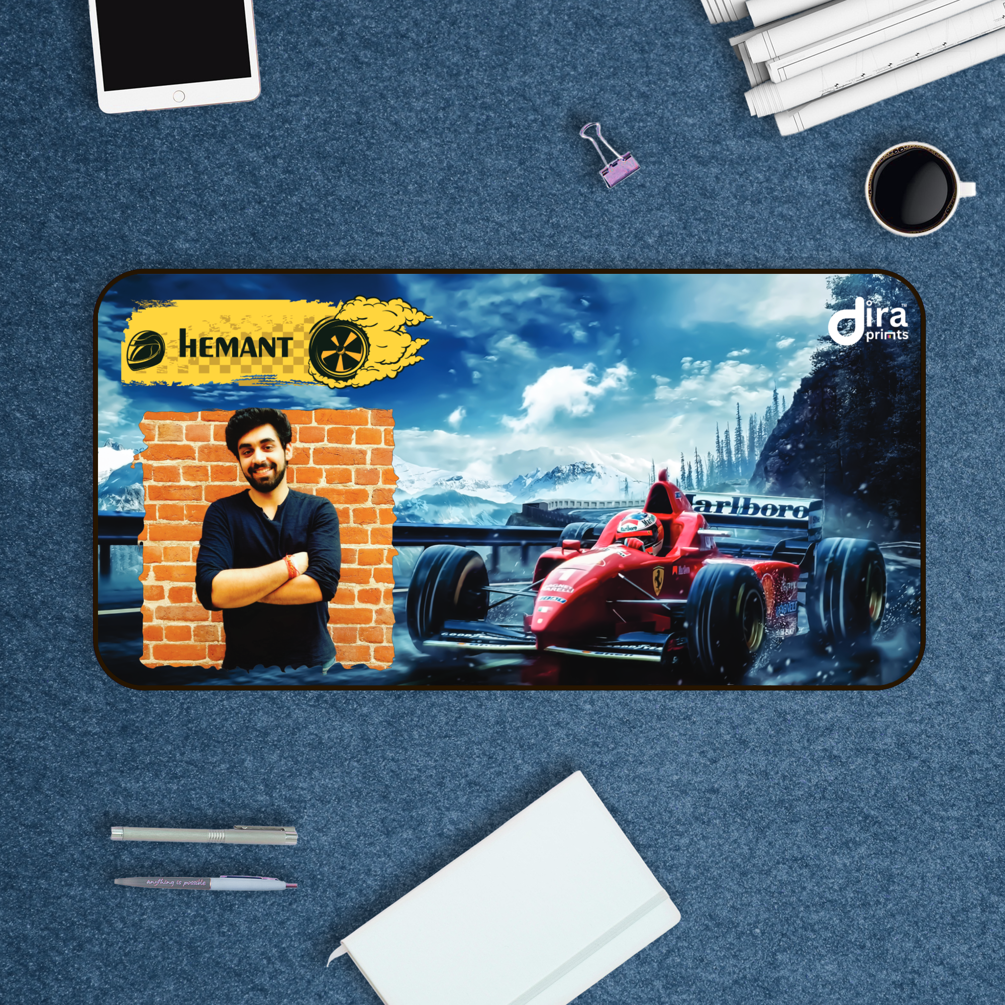 Personalized F1 Car Racing Desk Mat | Custom Photo Motorsports Desk Mat by Diraprints