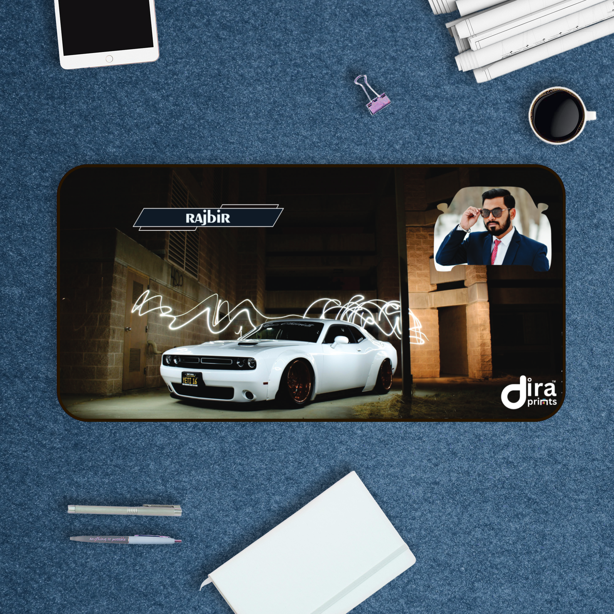 Personalized White Mustang Desk Mat | Custom Photo Classic Muscle Car Desk Mat by Diraprints