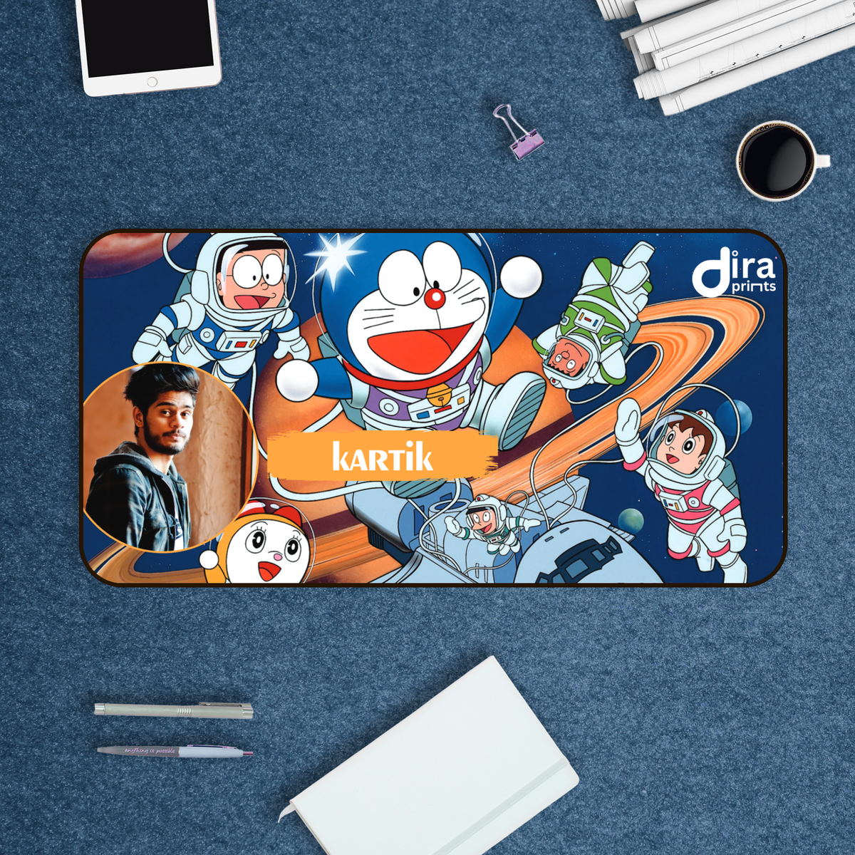 Personalized Doraemon Desk Mat | Custom Photo Anime Large Desk Mat by Diraprints