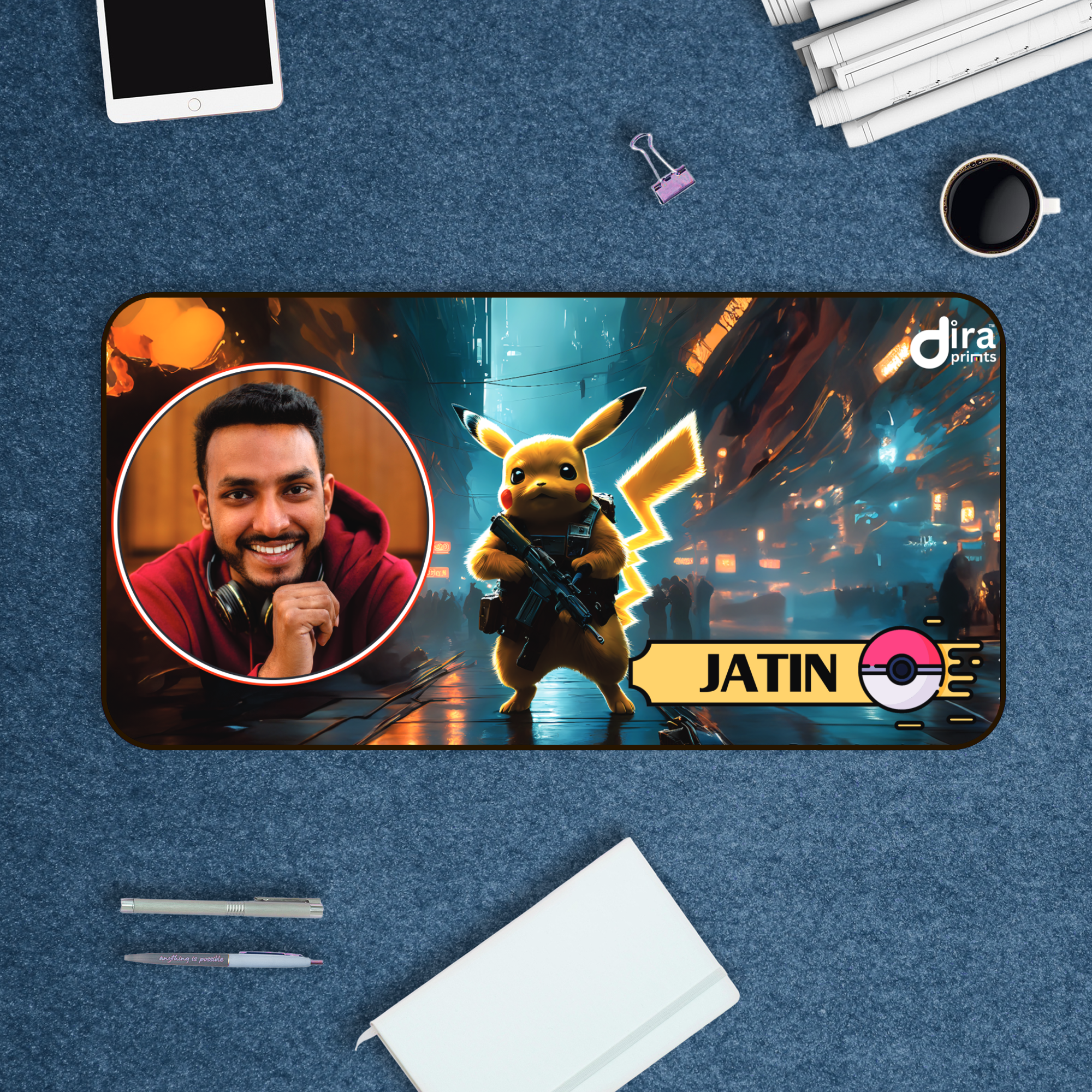 Personalized Pikachu Desk Mat | Custom Photo Pokémon Gaming Desk Mat by Diraprints