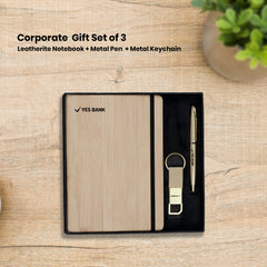 Eco-Friendly 3-in-1 Gift Set | Personalized Diary, Gold Pen & Keychain Combo | Sustainable Corporate Branding by Diraprints