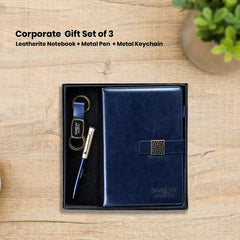 Premium 3-in-1 Corporate Gift Set | Personalized Navy Blue Diary, Pen & Keychain Combo | Custom Logo Business Gift by Diraprints