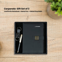 Elite 3-in-1 Corporate Gift Set | Personalized Black Diary, Gold Pen & Keychain Combo | Luxury Executive Branding by Diraprints