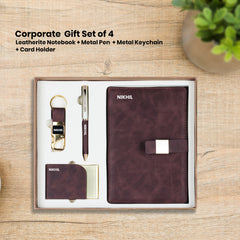 Personalized 4-in-1 Executive Gift Set | Custom Name Diary, Pen, Card Holder & Keychain | Textured Brown/Maroon Corporate Gift by Diraprints