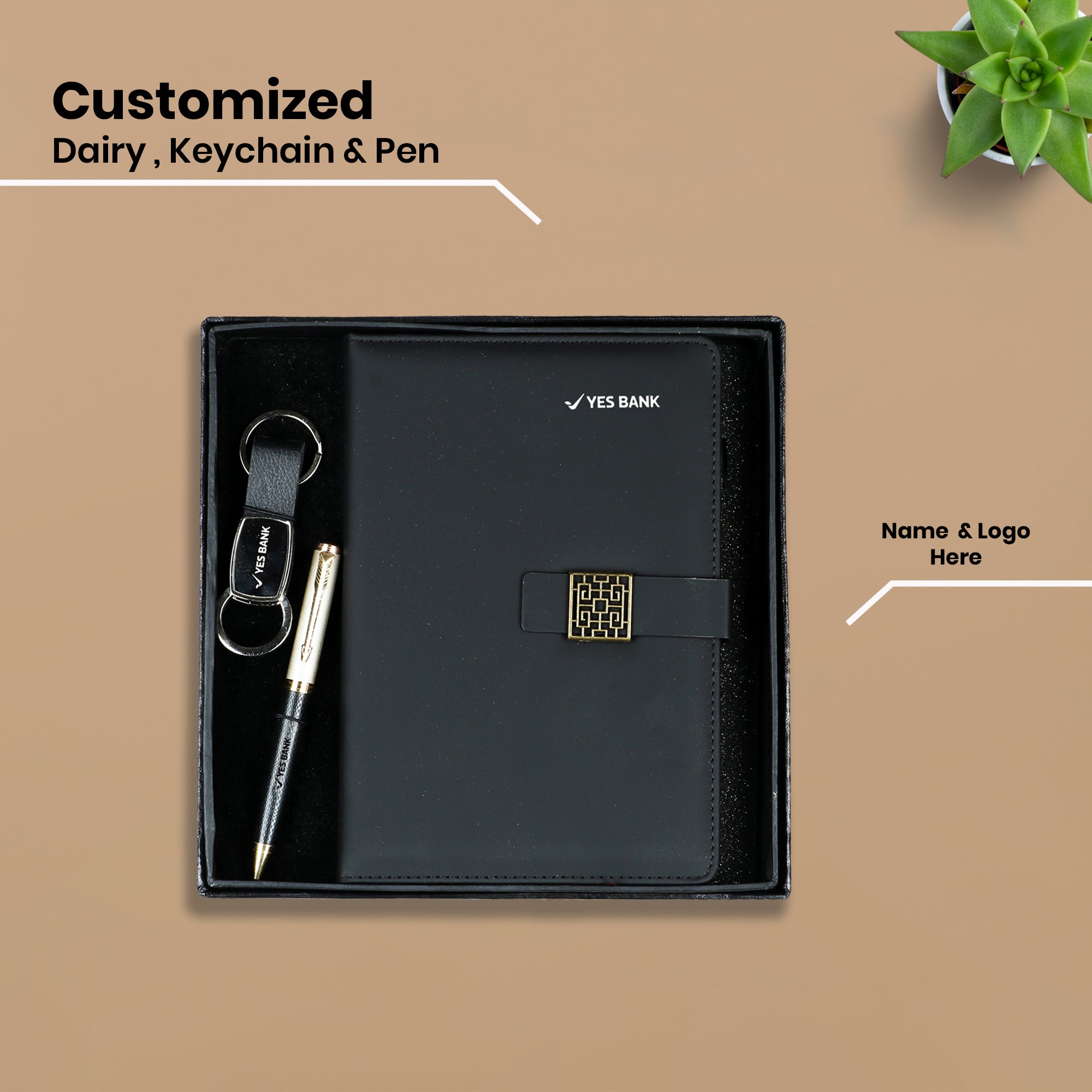 Elite 3-in-1 Corporate Gift Set | Personalized Black Diary, Gold Pen & Keychain Combo | Luxury Executive Branding by Diraprints