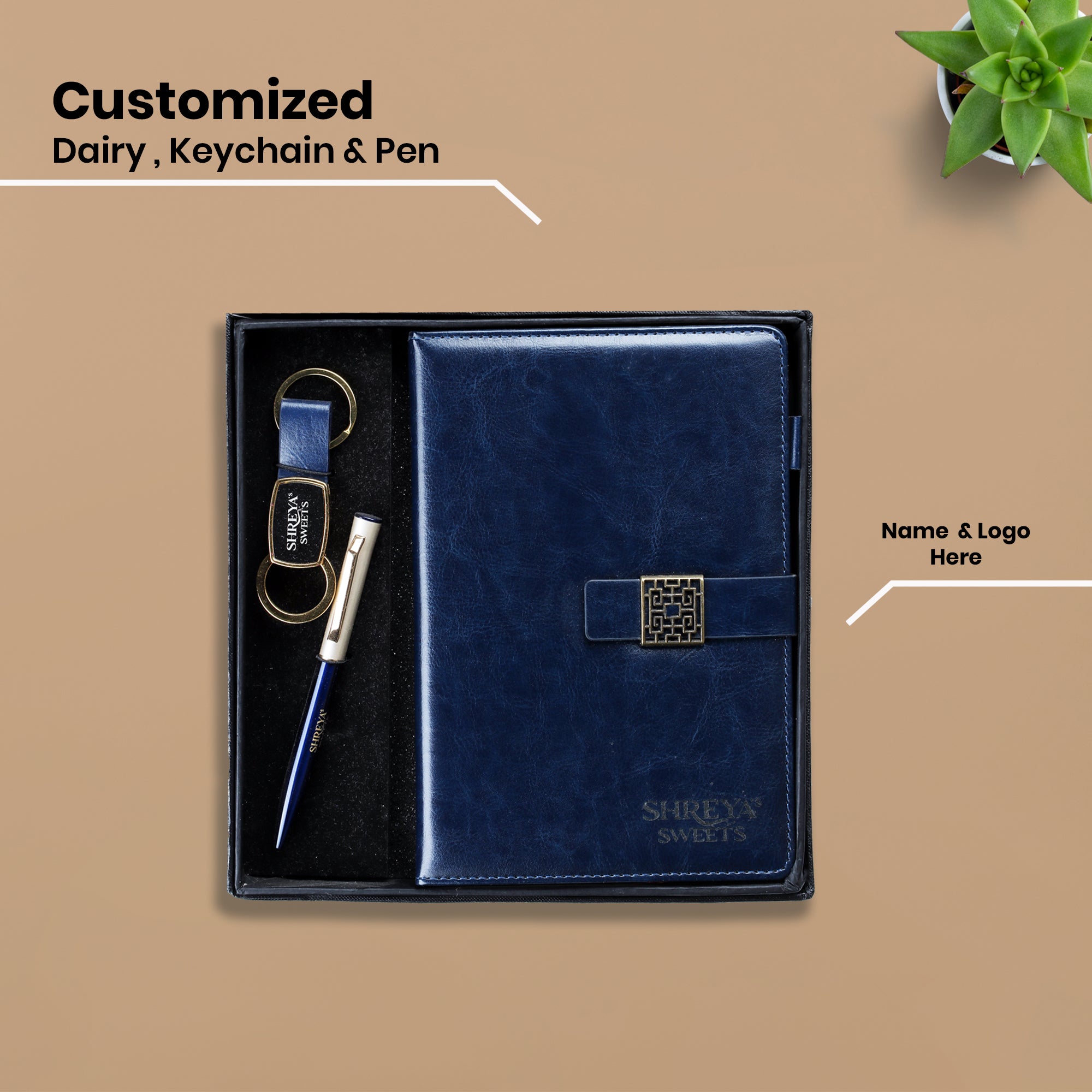 Premium 3-in-1 Corporate Gift Set | Personalized Navy Blue Diary, Pen & Keychain Combo | Custom Logo Business Gift by Diraprints