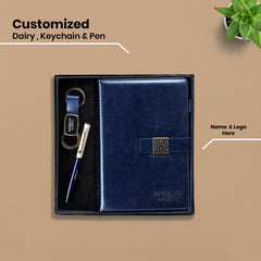 Premium 3-in-1 Corporate Gift Set | Personalized Navy Blue Diary, Pen & Keychain Combo | Custom Logo Business Gift by Diraprints