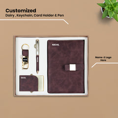 Personalized 4-in-1 Executive Gift Set | Custom Name Diary, Pen, Card Holder & Keychain | Textured Brown/Maroon Corporate Gift by Diraprints