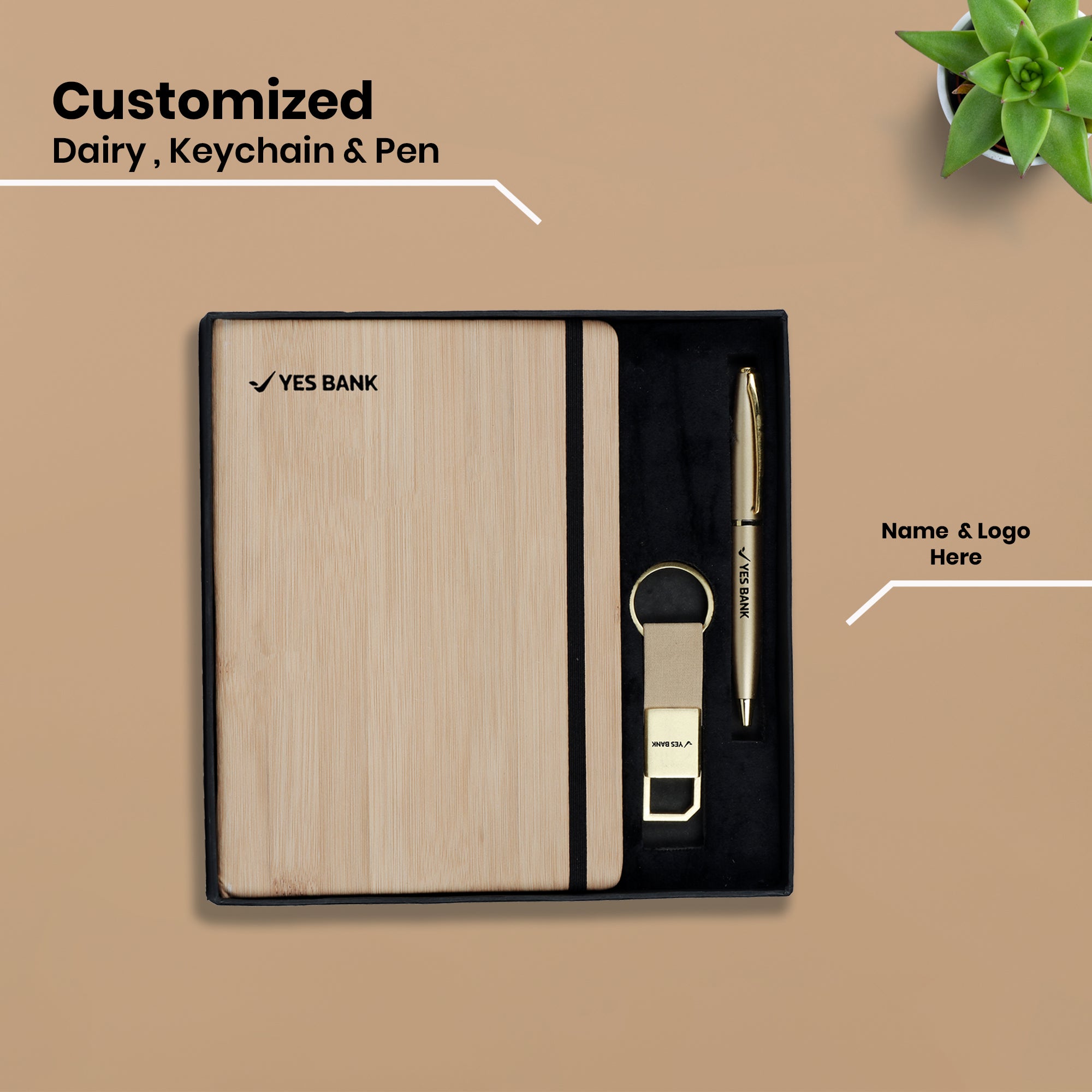 Eco-Friendly 3-in-1 Gift Set | Personalized Diary, Gold Pen & Keychain Combo | Sustainable Corporate Branding by Diraprints