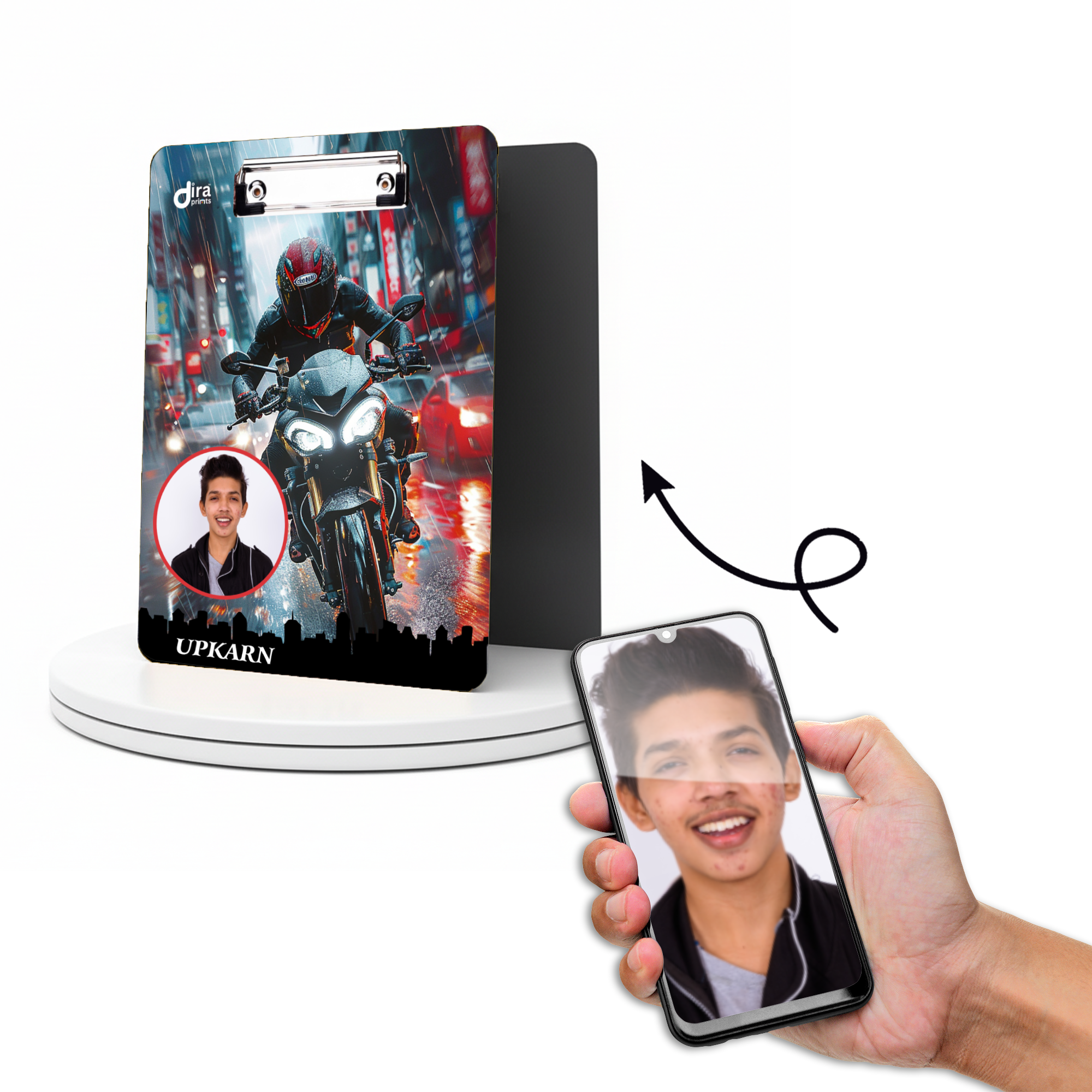 Personalized Street Rider Exam Board | Custom Photo & Name Writing Pad with City Motorcycle Design By Diraprints