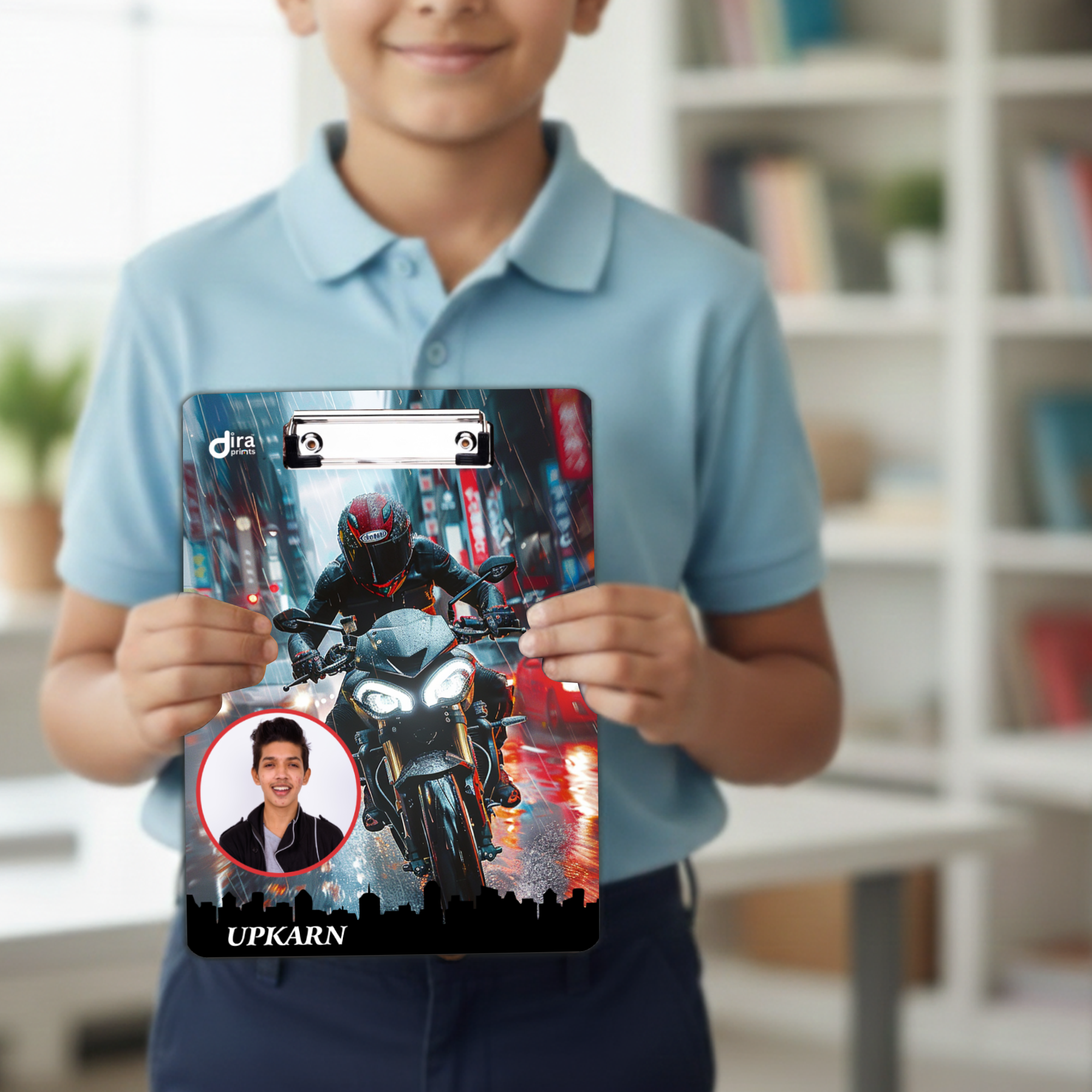 Personalized Street Rider Exam Board | Custom Photo & Name Writing Pad with City Motorcycle Design By Diraprints