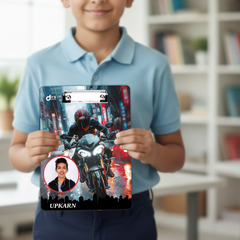 Personalized Street Rider Exam Board | Custom Photo & Name Writing Pad with City Motorcycle Design By Diraprints