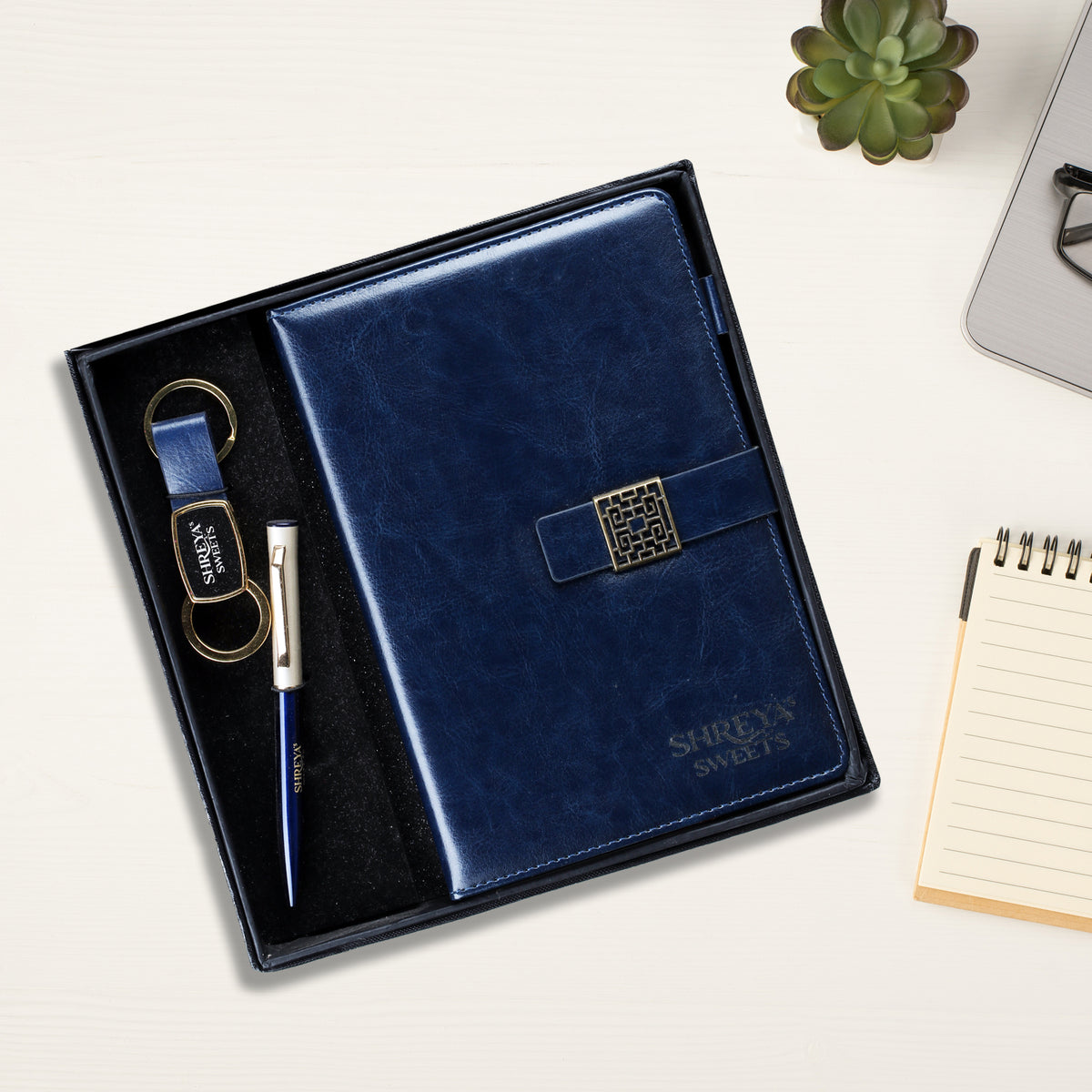 Premium 3-in-1 Corporate Gift Set | Personalized Navy Blue Diary, Pen & Keychain Combo | Custom Logo Business Gift by Diraprints