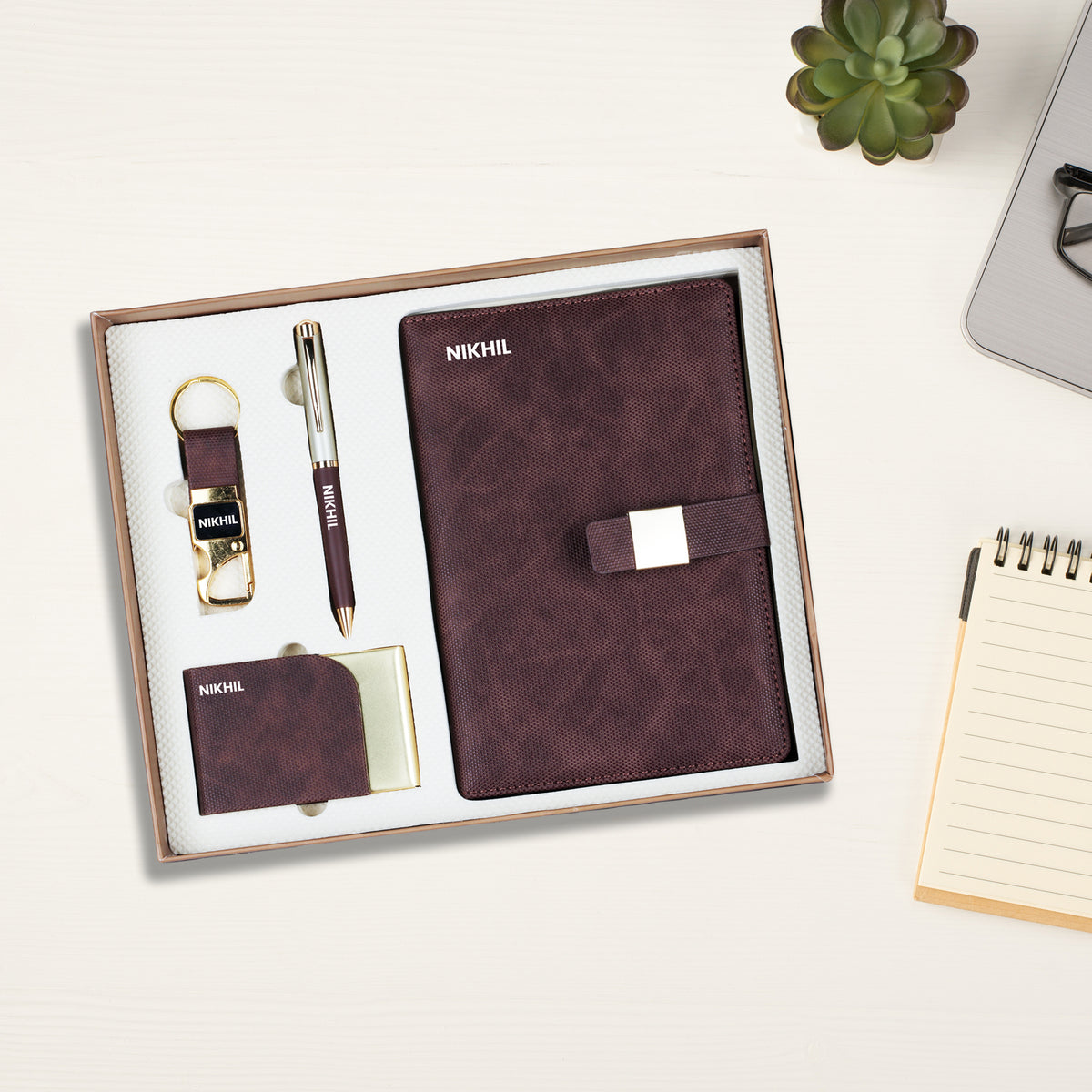 Personalized 4-in-1 Executive Gift Set | Custom Name Diary, Pen, Card Holder & Keychain | Textured Brown/Maroon Corporate Gift by Diraprints