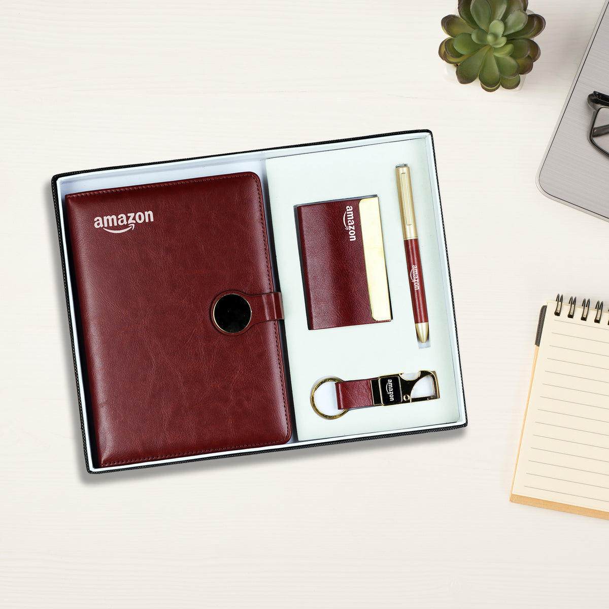 Ultimate 4-in-1 Executive Gift Set | Personalized Diary, Pen, Card Holder & Keychain Combo | Maroon Leatherette Corporate Luxury by Diraprints