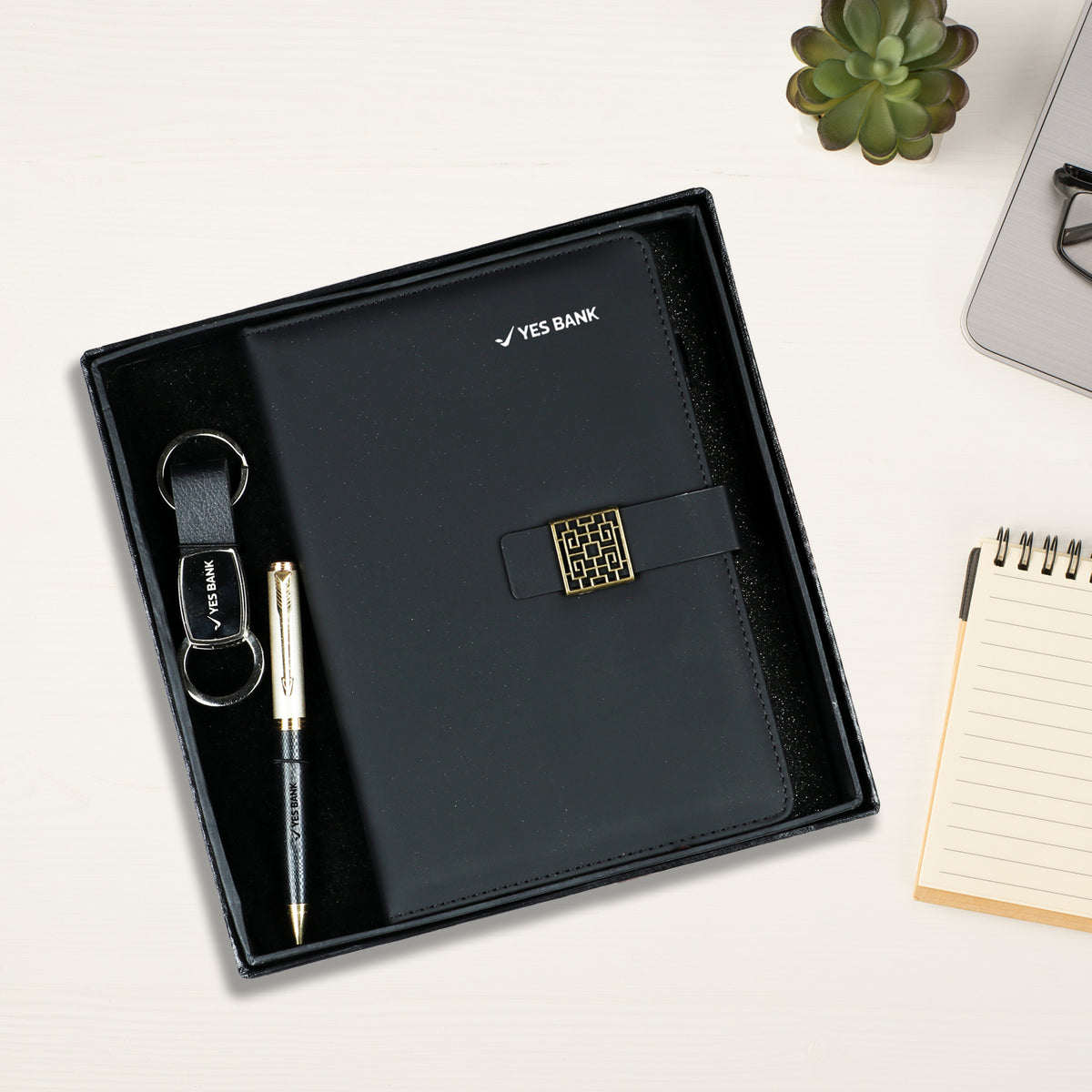 Elite 3-in-1 Corporate Gift Set | Personalized Black Diary, Gold Pen & Keychain Combo | Luxury Executive Branding by Diraprints