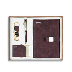 Personalized 4-in-1 Executive Gift Set | Custom Name Diary, Pen, Card Holder & Keychain | Textured Brown/Maroon Corporate Gift by Diraprints