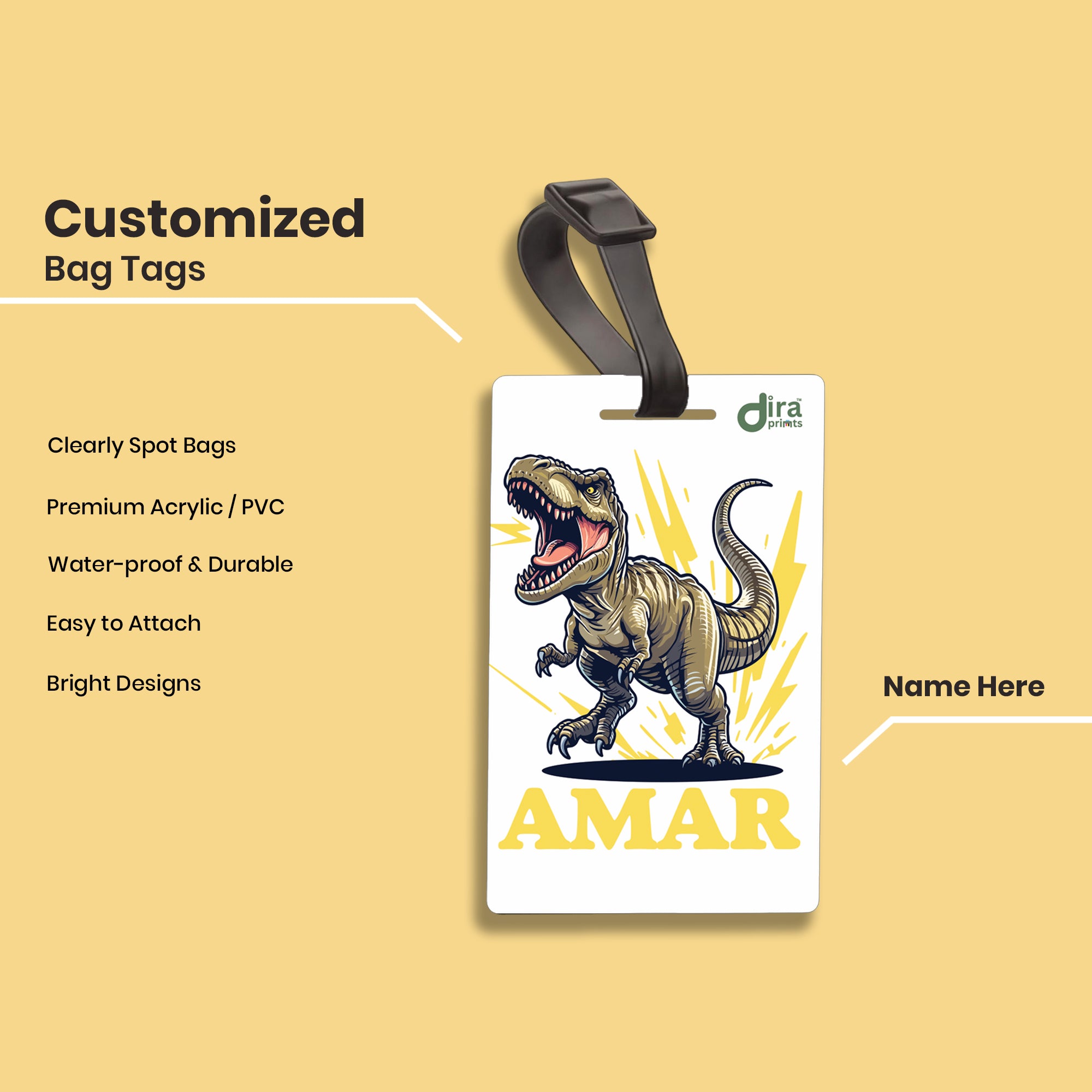 🦖 Personalized T-Rex Dinosaur Bag Tag | Custom Jurassic Name Label By Diraprints