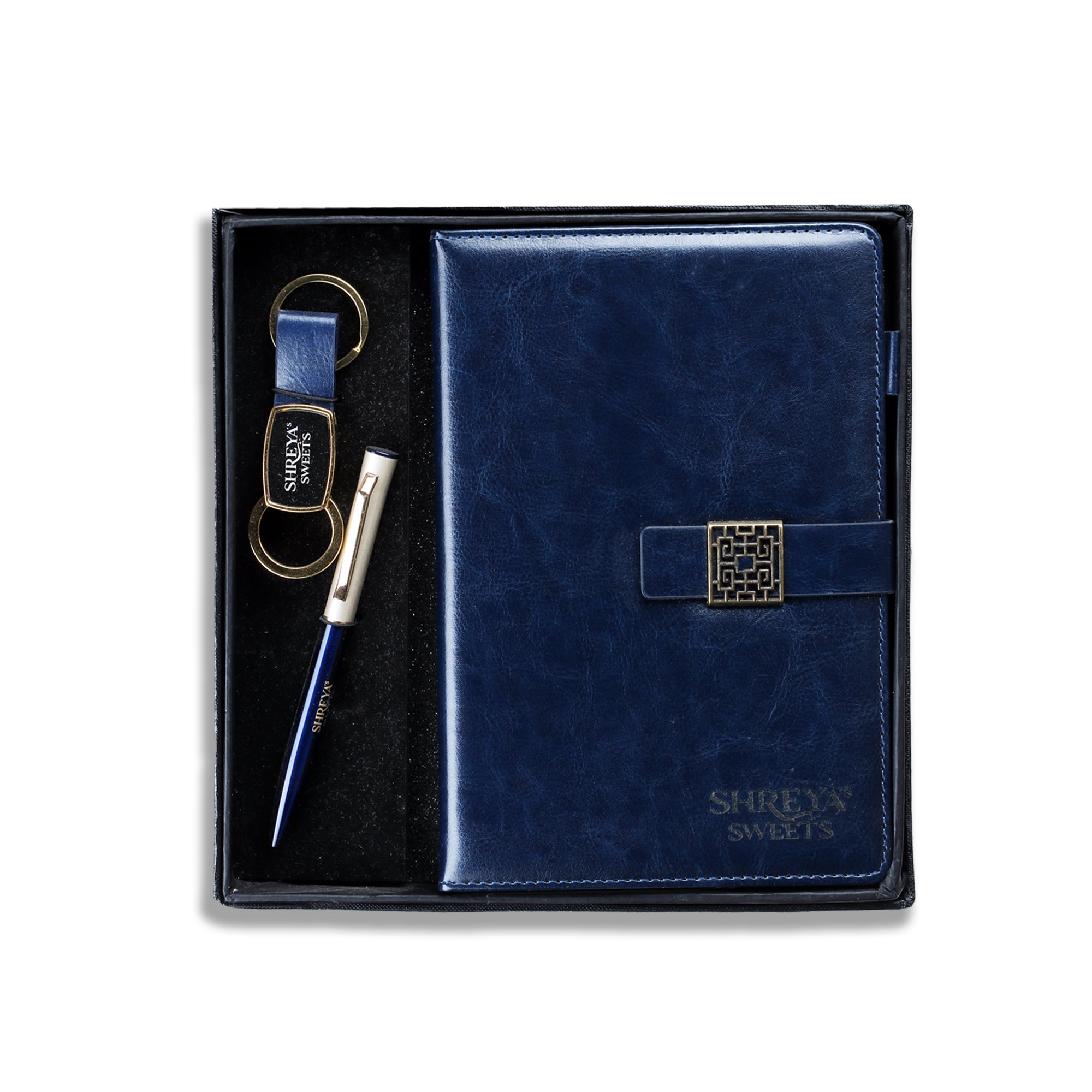 Premium 3-in-1 Corporate Gift Set | Personalized Navy Blue Diary, Pen & Keychain Combo | Custom Logo Business Gift by Diraprints
