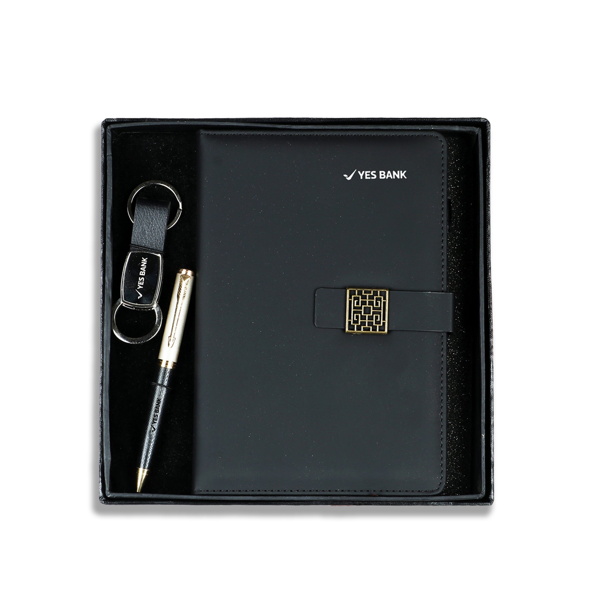 Elite 3-in-1 Corporate Gift Set | Personalized Black Diary, Gold Pen & Keychain Combo | Luxury Executive Branding by Diraprints