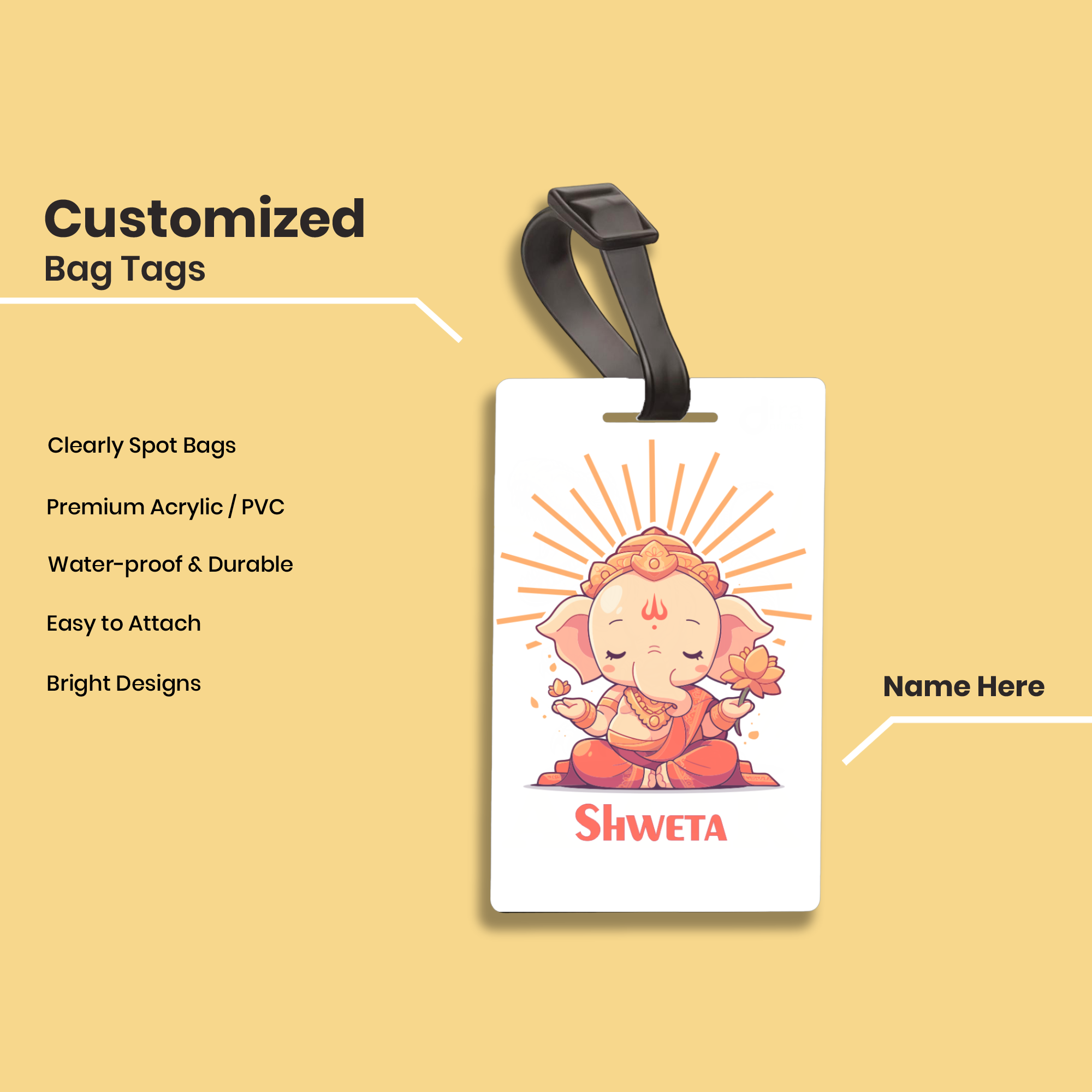 Personalized Ganesha Bag Tag for Kids | Custom Name School Bag Label by Diraprints