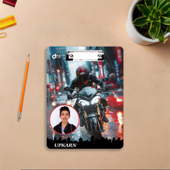 Personalized Street Rider Exam Board | Custom Photo & Name Writing Pad with City Motorcycle Design By Diraprints