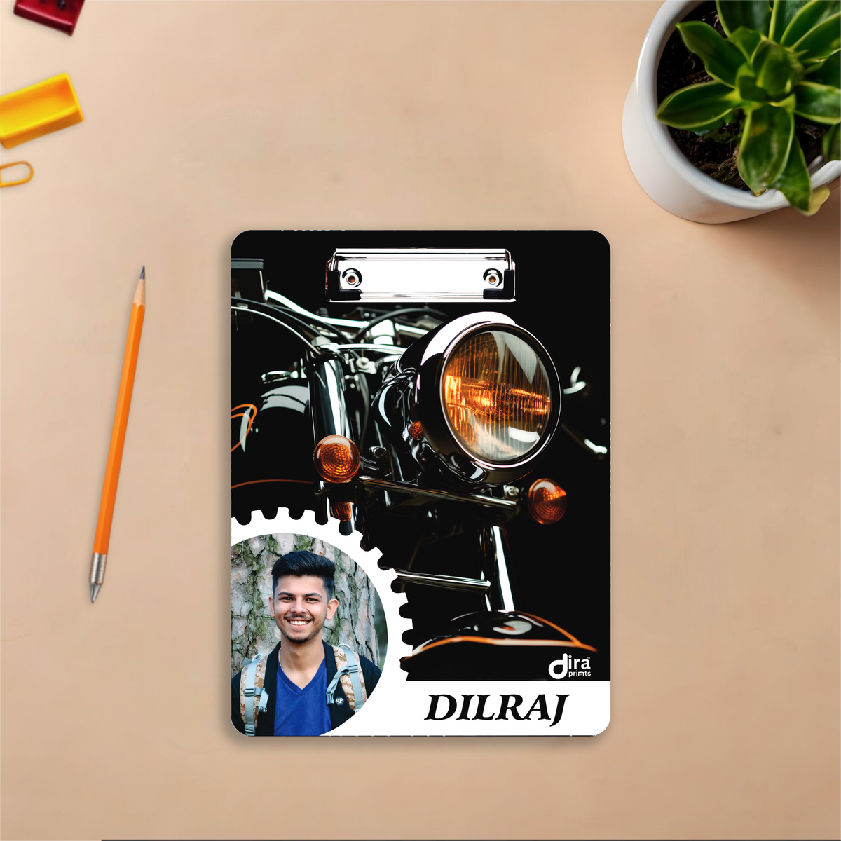 Personalized Exam Board | Custom Photo & Name Writing Pad with Motorcycle Design