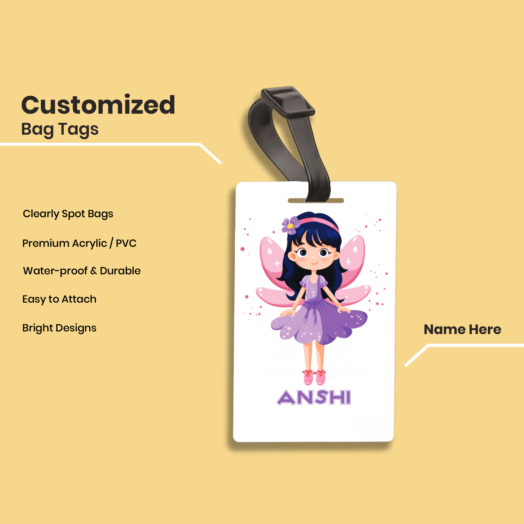 Personalized Fairy Bag Tag for Kids | Custom Name School Bag Label by Diraprints