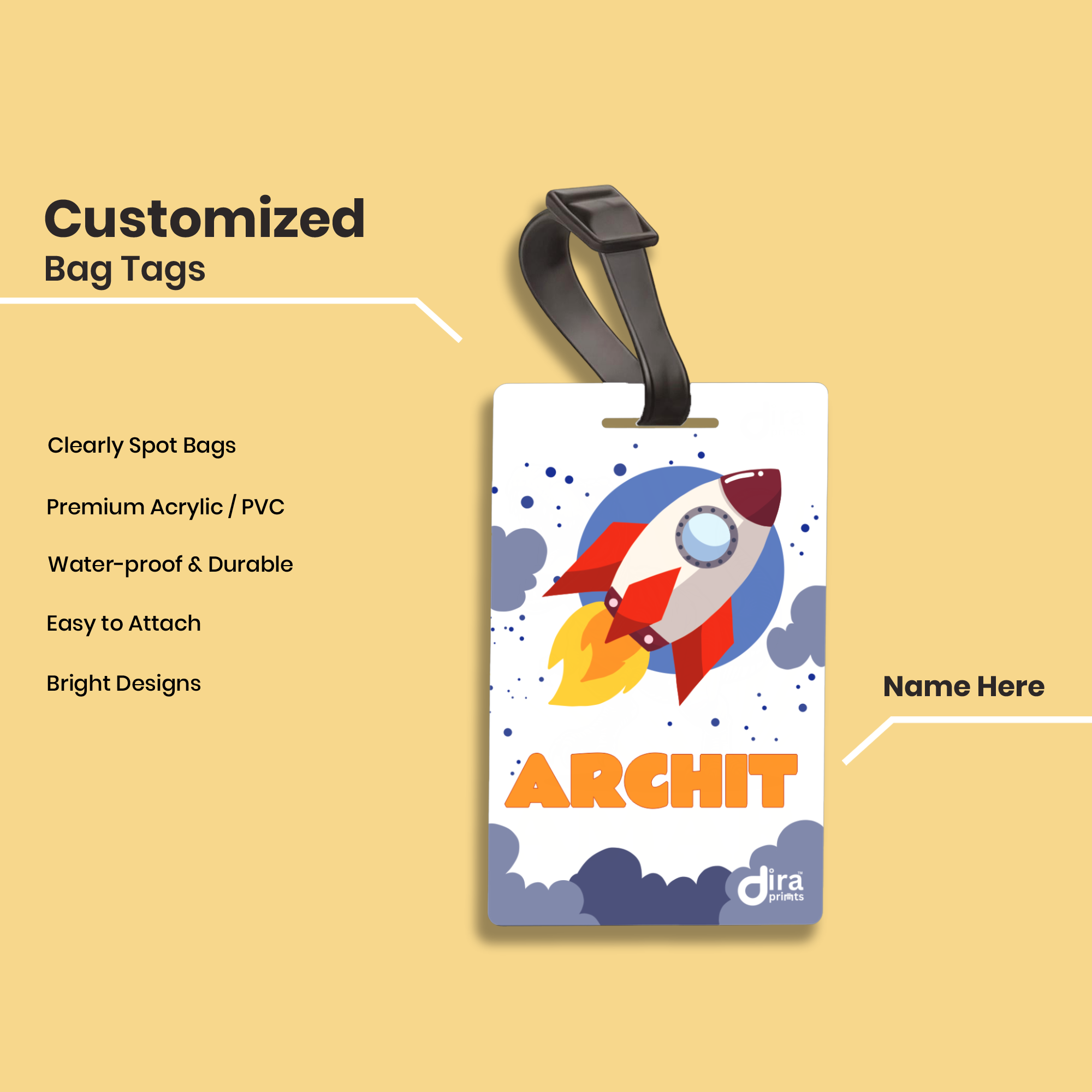 🚀 Personalized Rocket Bag Tag for Boys | Custom Space Name Label Diraprints