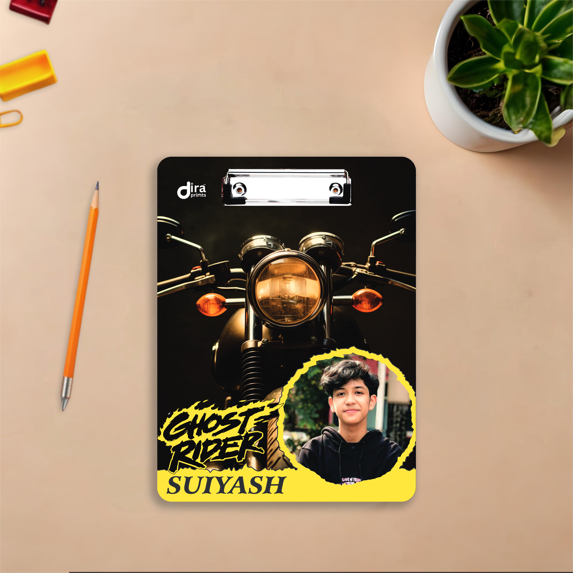 Personalized Classic Bike Exam Board | Custom Photo & Name Writing Pad with Gear Motif By Diraprints