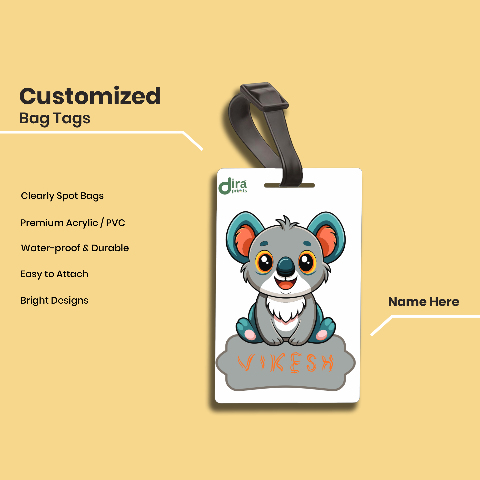 🐨 Personalized Cute Koala Bag Tag for Kids | Custom Name Animal Label By Diraprints