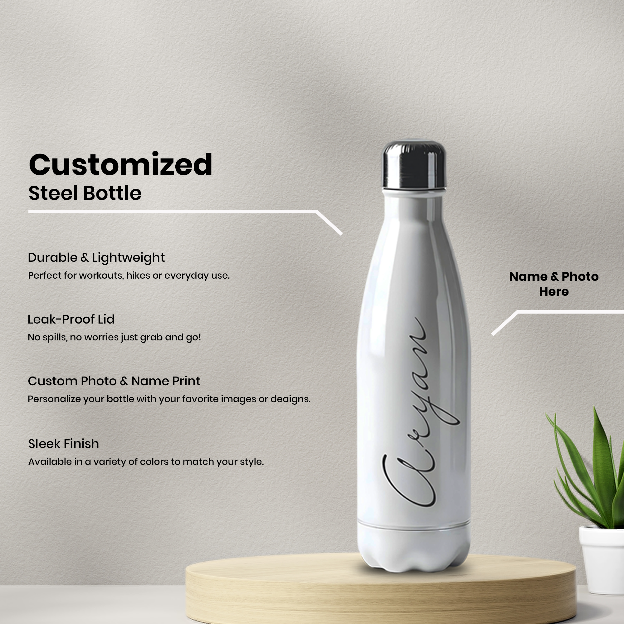 Personalized White Metal Bottle | Custom Name Stainless Steel Sipper