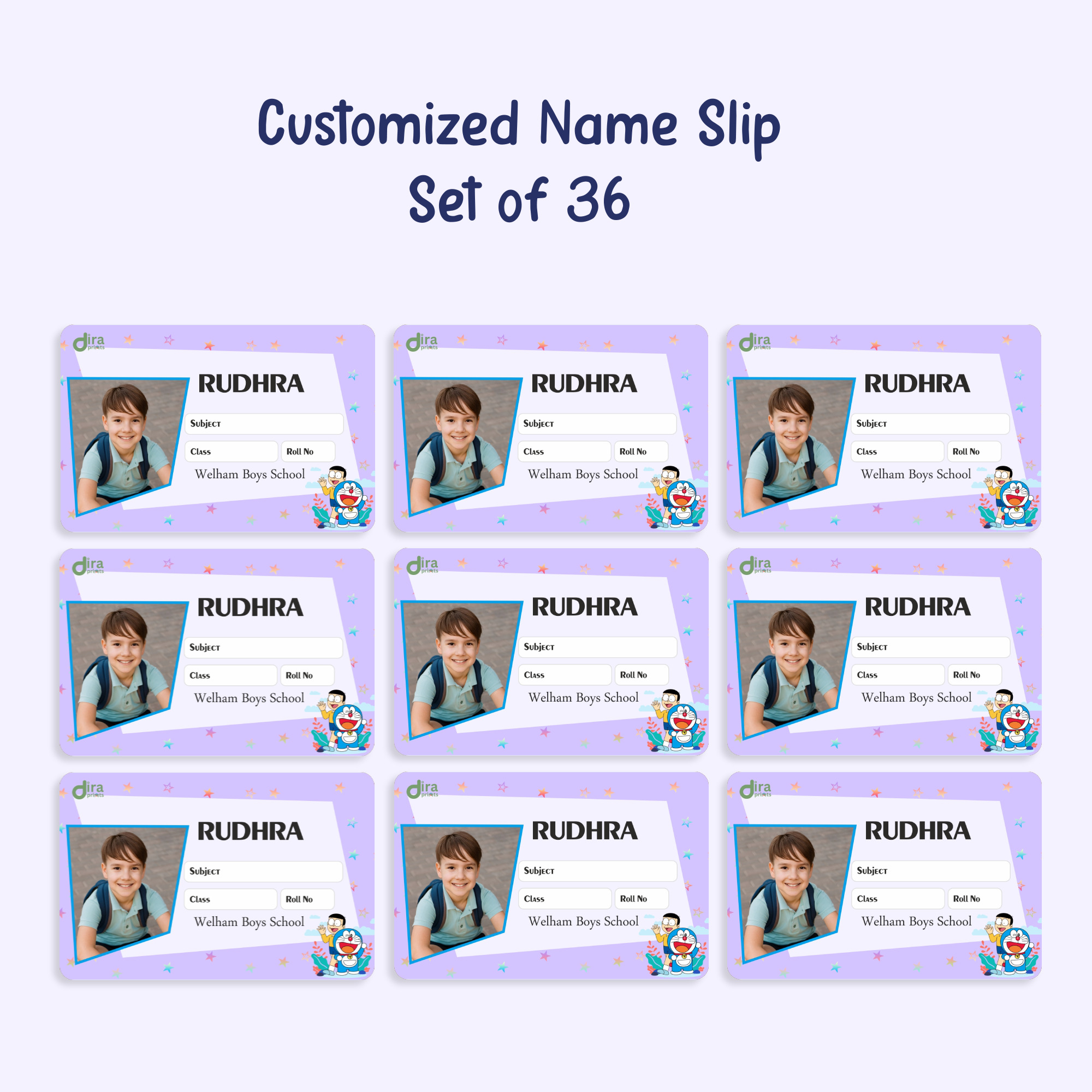 Personalized Doraemon Name Slip | Custom Kids ID Labels for School by Diraprints