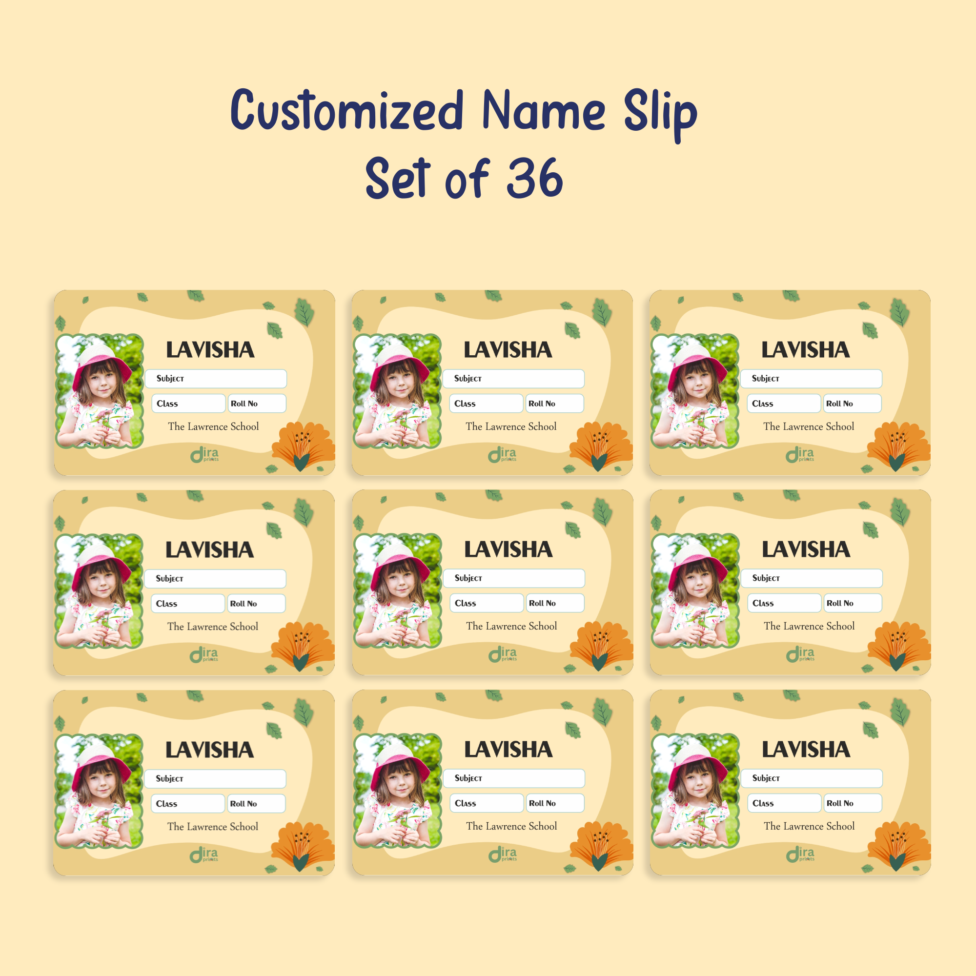 Personalized Orange Flower Name Slip | Custom Kids ID Labels for School by Diraprints