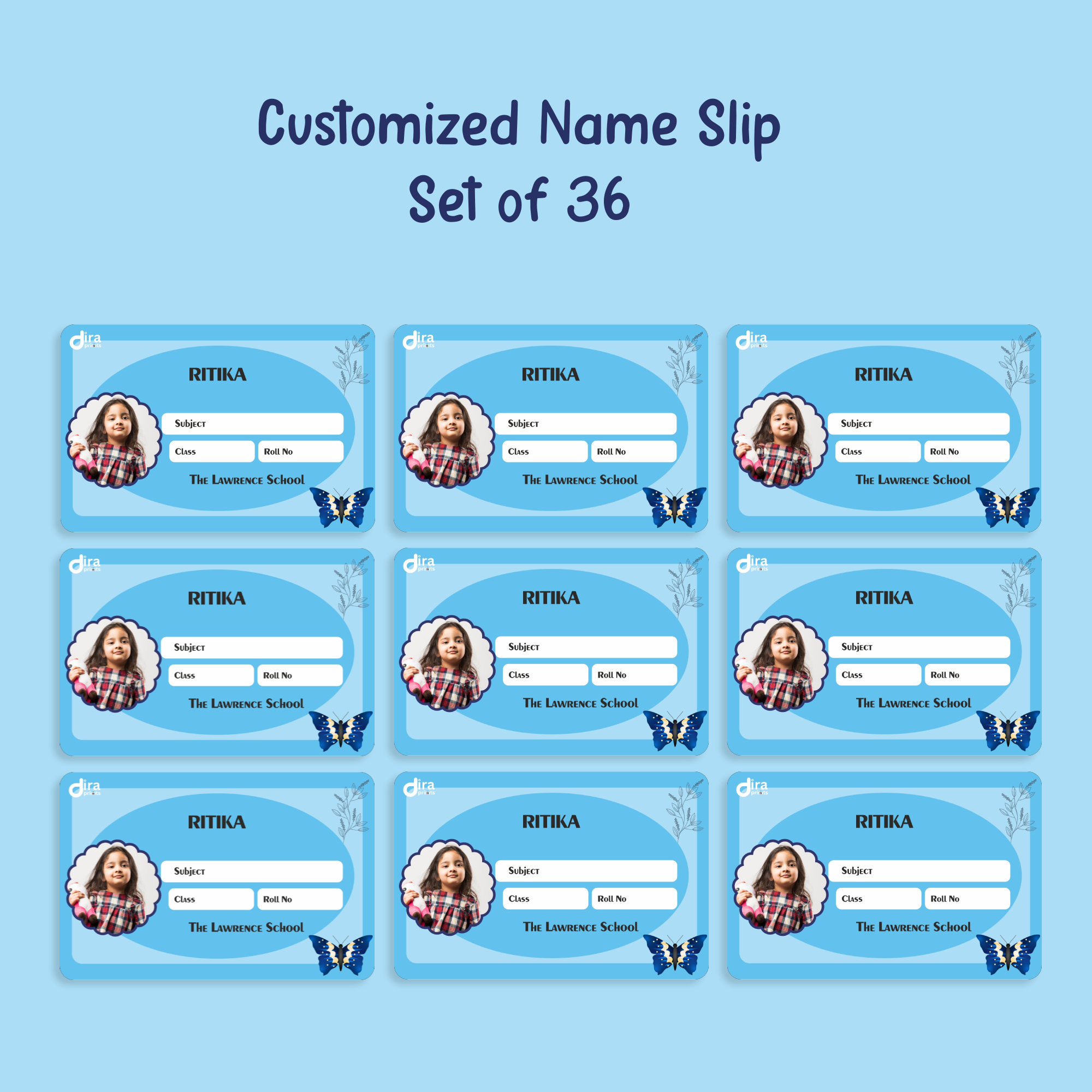 Personalized Blue Butterfly Name Slip | Custom Kids ID Labels for School by Diraprints