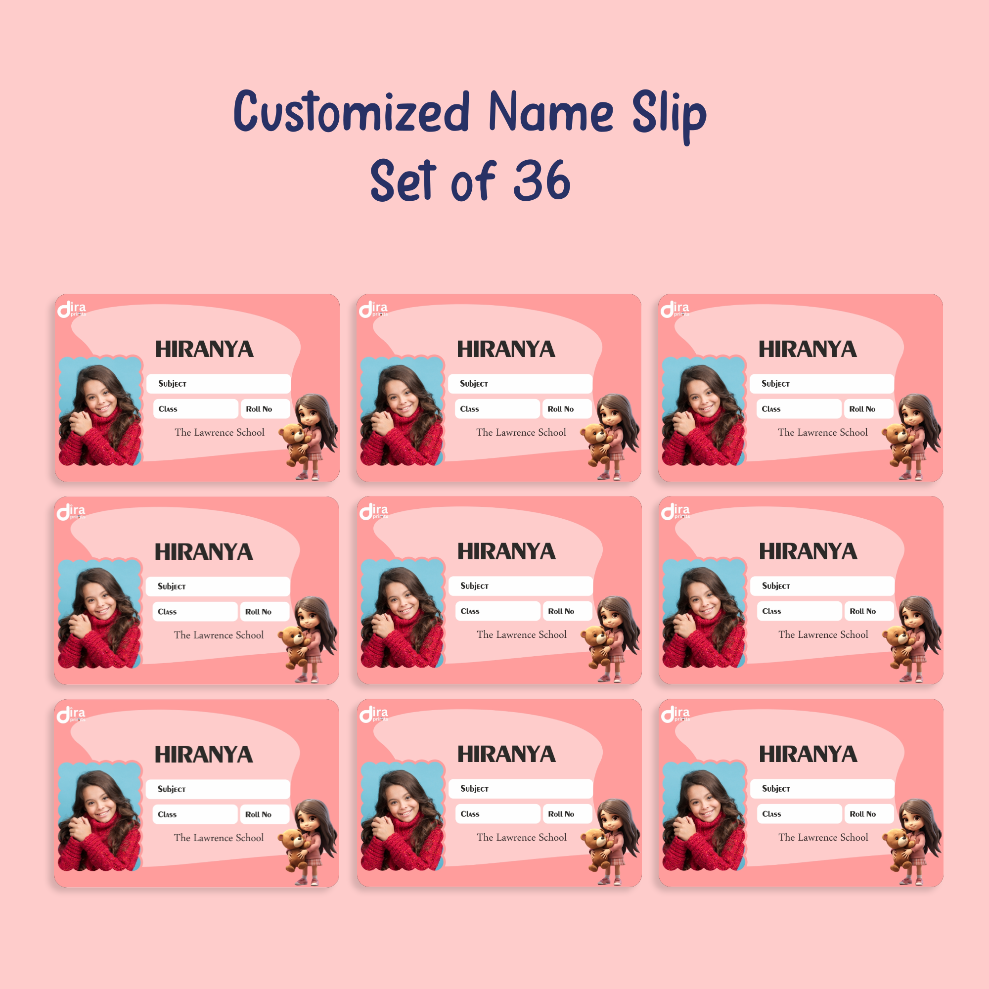 Personalized Girl with Teddy Bear Name Slip| Custom Kids ID Labels for School by Diraprints
