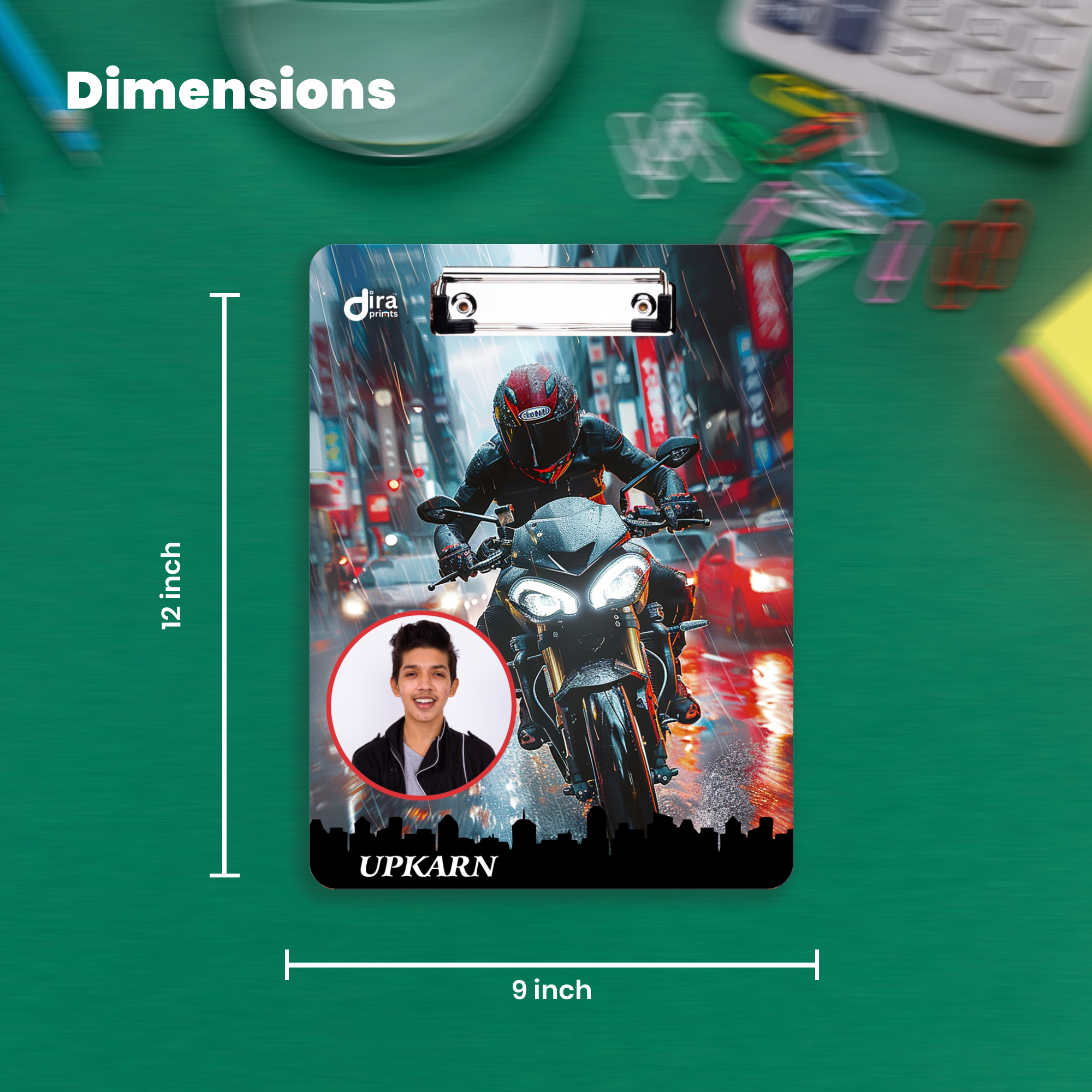 Personalized Street Rider Exam Board | Custom Photo & Name Writing Pad with City Motorcycle Design By Diraprints