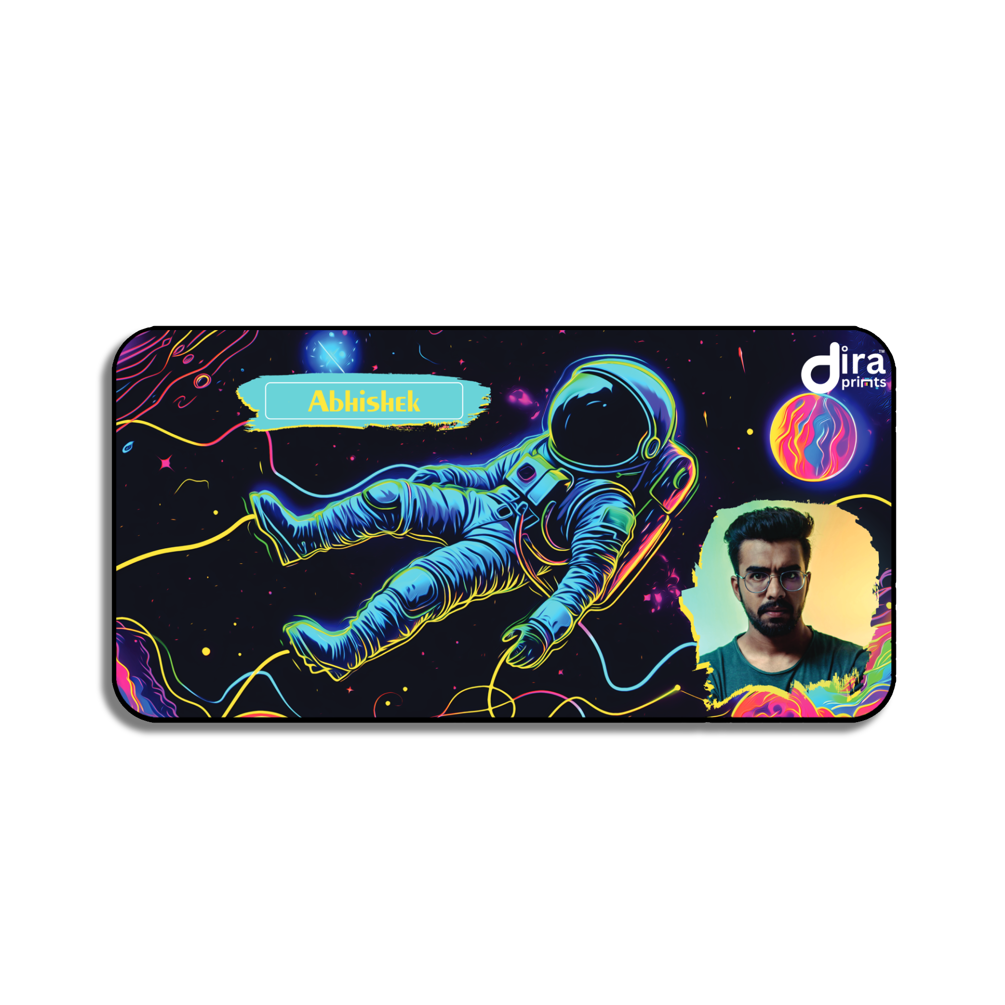 Personalized Neon Astronaut Desk Mat | Custom Photo Sci-Fi Space Desk Mat by Diraprints